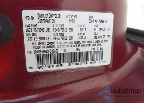 2003 Dodge Durango Slt z USA, uszkodzony, nr VIN 1D4HS48N03F506422